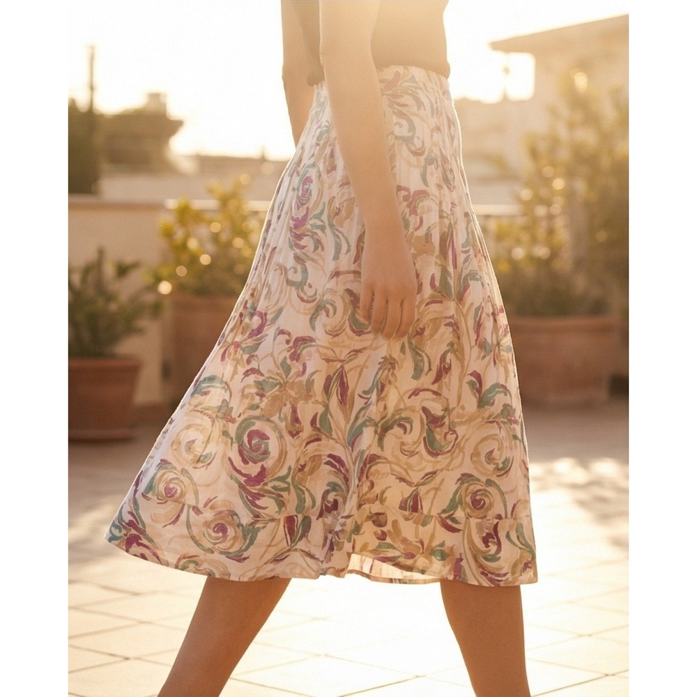 Style & Co 24W Floral Scroll Pleated Cotton Midi Skirt Cream Purple Teal NWT